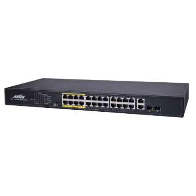 Aetek 24 Port Unmanaged PoE Switch, 2x 1Gb SFP/RJ45, EX Mode, 380W AET-C11-24231380