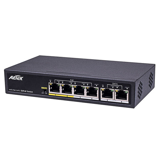 Aetek 4 Port Unmanaged PoE Switch, 2x 100Mb RJ45, EX Mode, 65W AET-C11-04230065