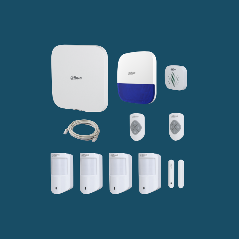Dahua Wireless Alarm Kit: 1 Hub, 1 Internal Siren, 1 External Siren, 4 PIR Detectors, 1 Door Detector, 2 Remote Controls.