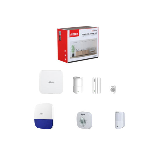 Dahua Wireless Alarm Pre-Pack Kit, plus 1 x PIR, 1 x Internal Siren, 1 x External Siren.