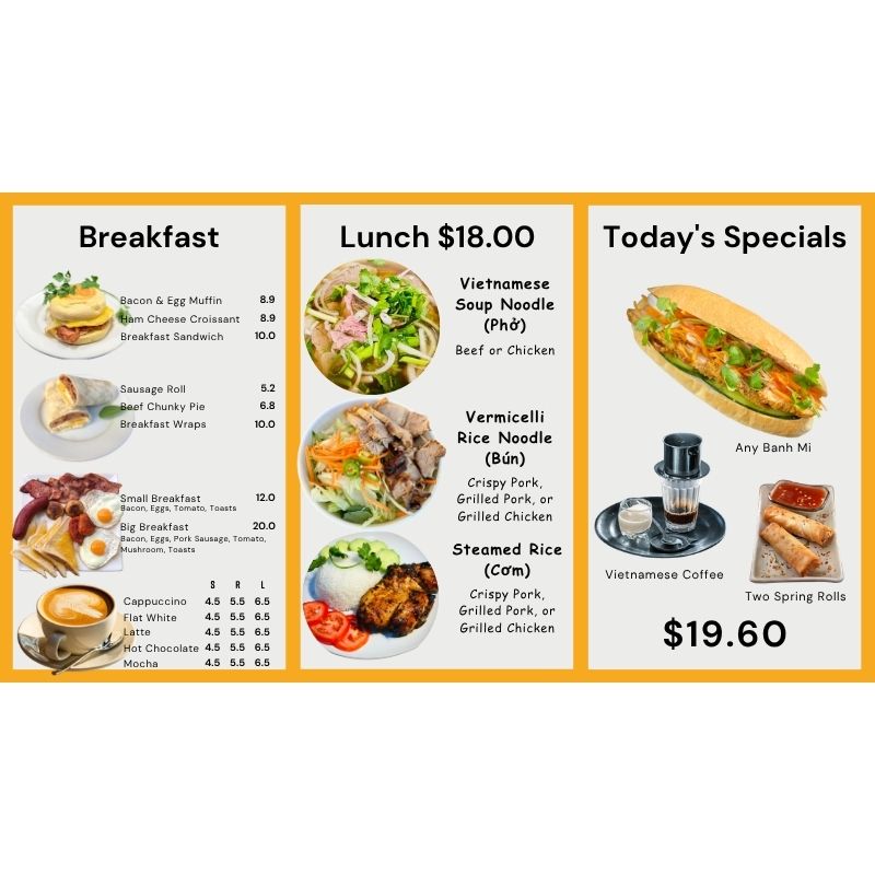 Menu Design up to 3 pages to be uploaded onto 1 TV only with the purchase of our PC Signage kit.