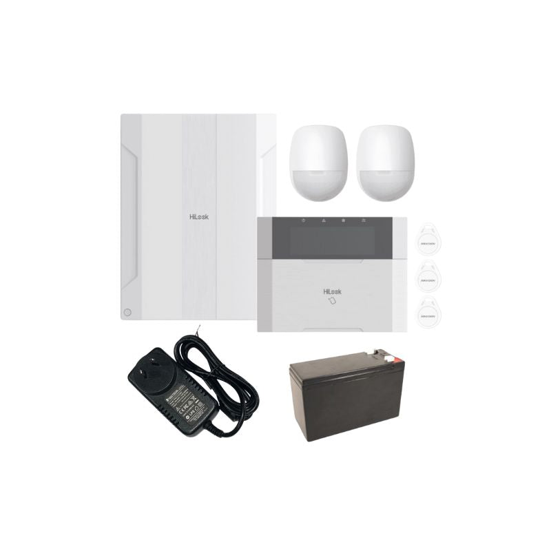 Hilook Alarm Hybrid Prepacked Kit (8 On-Board Zones Panel with 2 Relay & 2 I/O , 1 Keypad, 2 PIR, 3 Tags), 1 x 14.3V Plug Pack, 1 x 12V7Ah Backup Battery, HA-ALARM-KIT15V