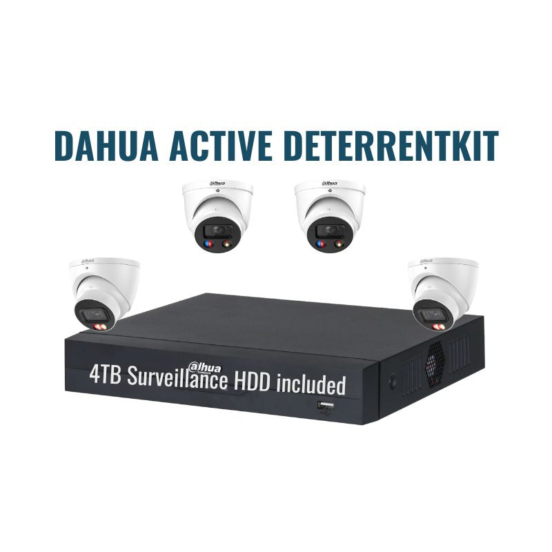 Dahua Active Deterrent Kit 1.1 includes 2x 6MP TIOC, 2x 6MP-DUAL-LIGHT, 1x 4Ch NVR.