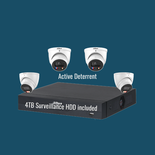 Dahua Active Deterrent Kit: 2x 6MP TIOC Active Deterrent Cameras, 2x 6MP-DUAL-LIGHT Cameras, 1x 4Ch NVR.