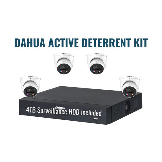 Dahua Active Deterrent Kit 1.2 includes 4x 6MP TIOC, 1x 4Ch NVR 4TB.