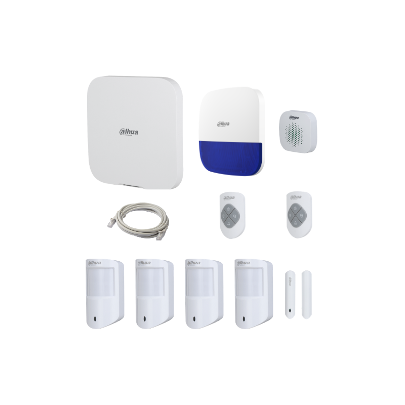 Dahua Alarm Limited Offer Kit 1 – 1 Hub, 1 Internal Siren, 1 External Siren, 4 PIR Detectors, 1 Door Detector, 2 Remote Controls.