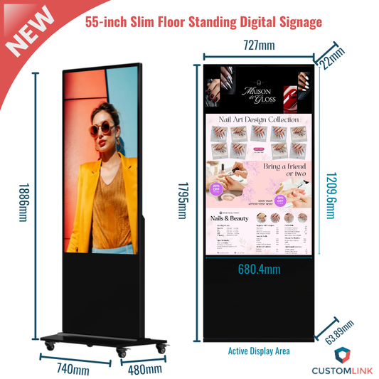 3. Hikvision 55" Slim Floor-Standing Digital Signage Display – 4K LCD, 500 nits, Industrial A+ Panel DS-D6055UN-D/S