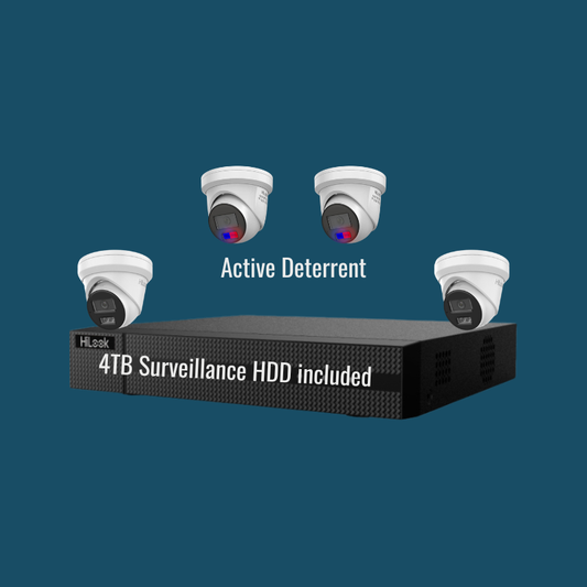 HiLook Active Deterrent Kit: 2x 6MP All-In-One Active Deterrent Cameras, 2x 6MP Standard Cameras with Microphone, 1x 4Ch NVR 4TB HDD Included.