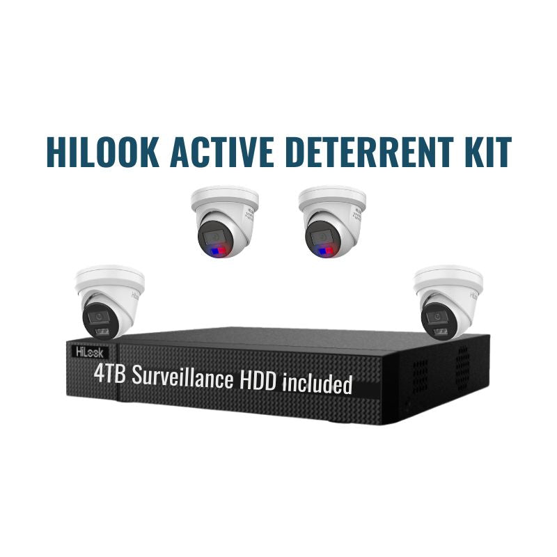 HiLook Active Deterrent Kit 1.1 includes 2x 6MP All-In-One, 2x 6MP Standard, 1x 4Ch NVR 4TB.
