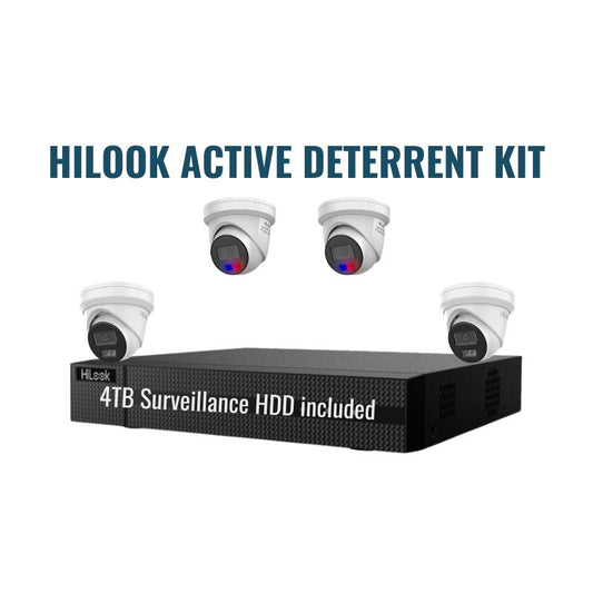 HiLook Active Deterrent Kit 1.1 includes 2x 6MP All-In-One, 2x 6MP Standard, 1x 4Ch NVR 4TB.