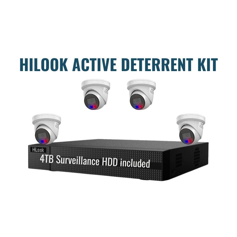 HiLook Active Deterrent Kit 1.2 includes 4x 6MP All-In-One, 1x 4Ch NVR 4TB.
