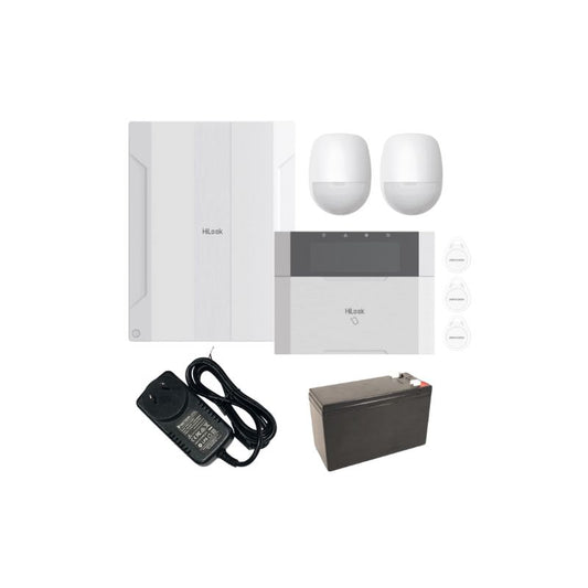 Hilook Alarm Hybrid Prepacked Kit 2, includes 1 x Hilook Alarm Hybrid Prepacked Kit 1 (1 x Control Panel, 1x Keypad, 2x PIR, 3x Tags), 1x 14.3V Plug Pack, 1x 12V7Ah Backup Battery, HA-ALARM-KIT15V