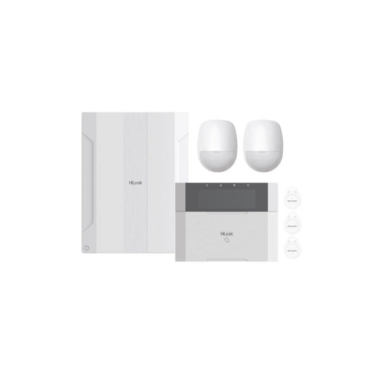 Hilook Alarm Hybrid Prepacked Kit 1, includes 1x Control Panel (main board: 8 On-Board Zones Panel with 2 Relay & 2 I/O), 1 Keypad, 2 PIR, 3 Tags HA-ALARM-KIT1
